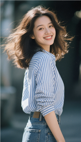 蓝白条纹衬衫牛仔裤美女摄影图片